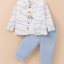 Wow Clothes Cotton Woven Full Sleeves Vehicles Printed Shirt With Inner Tee & Trouser Pants - White & Sky Blue image 1