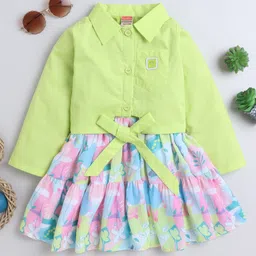 Twetoons Woven Full Sleeves Jacket with Floral Print Frock - Green-picture-17