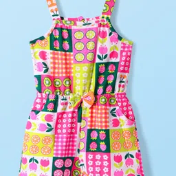 Babyhug Cotton Knit Sleeveless Jumpsuit With Floral & Fruit Print & Bow Applique - Pink-picture-30