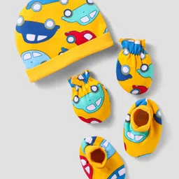 Babyhug 100% Cotton Cap Mittens And Booties Vehicle Printed - Yellow-image-44