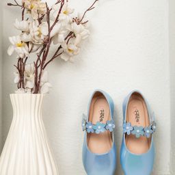 Toothless Floral Applique Detailed & Pearls Embellished With Velcro Closure Mary Jane Ballerinas - Sky Blue-picture-32