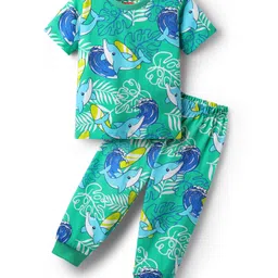 Babyhug Cotton Knit Half Sleeves Co-Ord Night Suit With Dolphin & Leaf Print - Green-picture-23