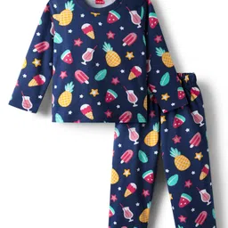 Babyhug Cotton Knit Full Sleeves Co-Ord Night Suit with Tropical Theme Print - Navy Blue-picture-20