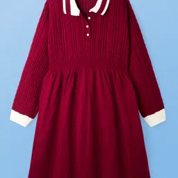 Pine Kids Knit Full Sleeves Collared Woollen Dress with Cable Knit Design - Dark Red-picture-20