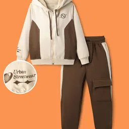 OLLINGTON ST. Cotton Knit Full Sleeves Printed Hooded Sweatshirts & Jogger Set -Multicolor & Brown-image-88