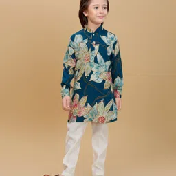 Ministitch Cotton Rayon Woven Full Sleeves Floral Printed Kurta Pant Set - Teal image 1