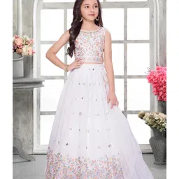 Ministitch Blended Woven Sleeveless Leaves Embroidered Sequins Embellished Lehenga Choli With Dupatta Set - Off White-picture-19