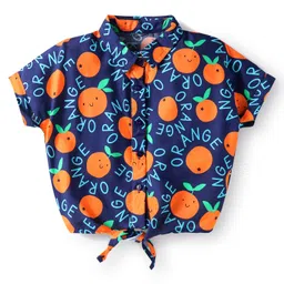 Babyhug Rayon Woven Half Sleeves Co-ords Top & Shorts Set with Orange Print - Navy Blue image 2