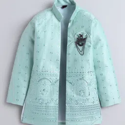 Fourfolds Jacquard Woven Full Sleeves Floral Embroidered Sequins Embellished Sherwani With Pant & Jacket Set - Light Blue image 3