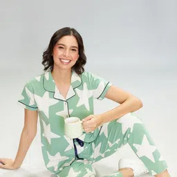 Lotik Women Graphic Printed Lapel Collar Shirt & Pyjamas-image-47