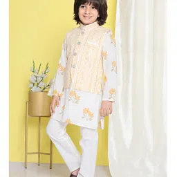 AJ Dezines Full Sleeves Floral Printed Cotton Kurta Pyjama Set -Yellow image 5