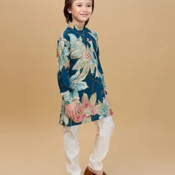 Ministitch Cotton Rayon Woven Full Sleeves Floral Printed Kurta Pant Set - Teal image 5