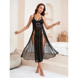 Secrets By ZeroKaata Women Black Self Design Baby Doll Lingerie with Panty (Set of 2)-image-3