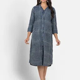 Crazy Needle Women Striped Cotton Shirt Midi Dress-image-47