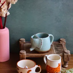 WEAVING HOMES Teal Blue & Cream 3 Pieces Printed Ceramic Glossy Mugs image 1