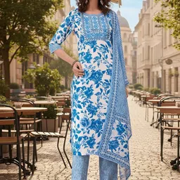 THE FAB FACTORY Women Floral Printed Regular Kurta with Trousers & With Dupatta-picture-31