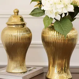 RCASA Yellow Fluted Ceramic Urn Small Vase With Lid image 2