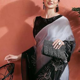 Sangria Floral Printed Satin Saree With Unstitched Blouse-picture-14