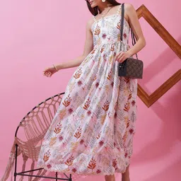 Honky Tonky Floral Print Shoulder Straps Cotton Fit & Flare Maxi Dress-image-7