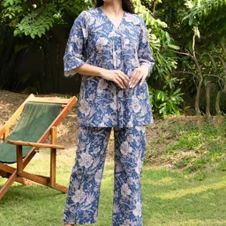 KALAMIR Floral Printed Pure Cotton V-Neck Top With Trousers Co-Ords image 4