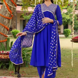 Janasya Women Ethnic Motifs Yoke Design Pleated Sequinned Kurta with Palazzos & Dupatta-picture-12