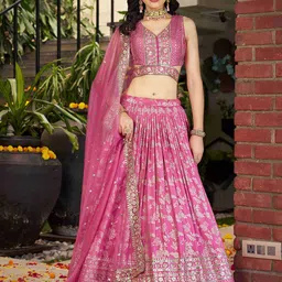 ETHNIC PLUS Embroidered Sequinned Semi-Stitched Lehenga & Unstitched Blouse With Dupatta-picture-22