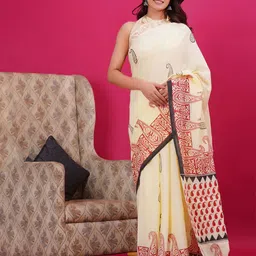 Shivanya Handicrafts PaisleyPrinted Pure Mulmul Cotton Block Print Saree-image-89