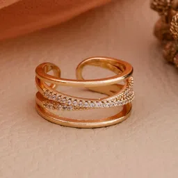 QUERALT Brass Plated Stainless Steel American Diamond Studded Multilayer Crossover Ring-image-5