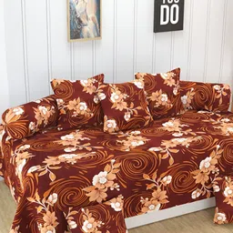 Aura Brown & Peach-Colored 8 Pieces Floral Printed 160 TC Diwan Set image 2