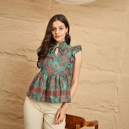 DRAPE AND DAZZLE Paisley Print Tie-Up Neck Peplum Top image 2