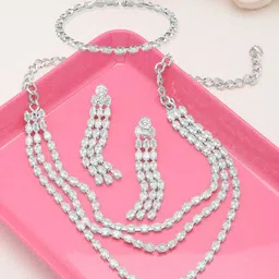 AMI Cubic Zirconia Studded Layered Necklace Jewellery Set With Bracelet-picture-37