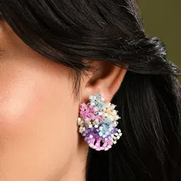 D'oro Contemporary Pearl And Colourful Flower Round Studs Earrings-picture-22