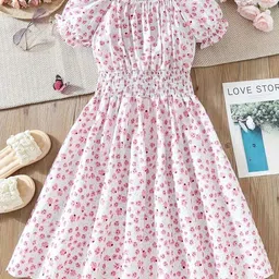 White World Girl Floral Print Puff Sleeves Smocked Fit & Flare Dress-picture-34