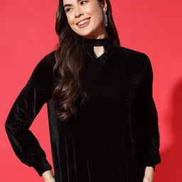 VAARARO Keyhole Neck Velvet Blouson Top-picture-23