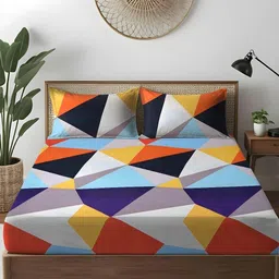 WEAVE AND DECOR White & Blue Geometric 300 TC King Bedsheet with 2 Pillow Covers-picture-21