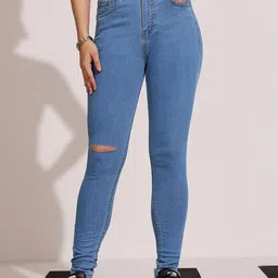 DOLCE CRUDO Women Skinny Fit High-Rise Slash Knee Stretchable Denim Jeans-image-7