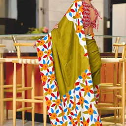 KALINI Floral Embroidered Block Print Saree image 4