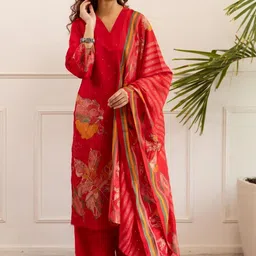 GoSriKi Women Abstract Printed V-Neck Long Sleeves Regular Calf Length Straight Kurta Set-image-14