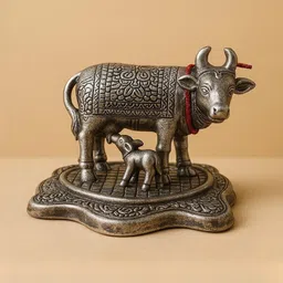 Manifested Decor Silver-Toned Oxidised Medium Cow & Calf Figurine Showpiece -12 Inches-image-3