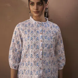 Anouk Women Geometric Printed Ruffles High Neck Shirt Style Regular Top image 2