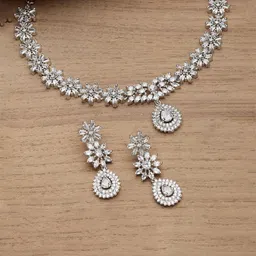 Gemron Jewel Rhodium Plated American Diamond Studded Necklace With Earrings Jewellery Set-picture-24