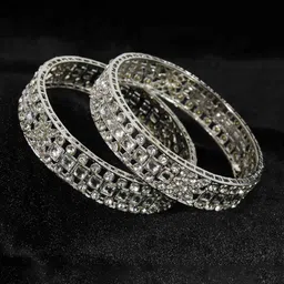 ZULKA Set of 2 Silver Plated MetalAmerican Diamond Stone Kada Bangles-image-73