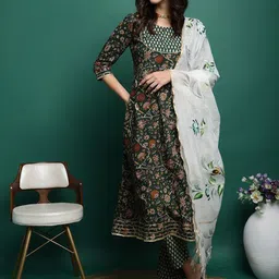 BANDIA Women Floral Printed Panelled Mirror Work Pure Cotton Kurta with Trousers & Dupatta-image-11