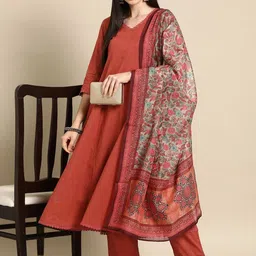 ARADHNA V-Neck Three-Quarter Sleeves A-Line Kurta With Trousers & Dupatta image 2