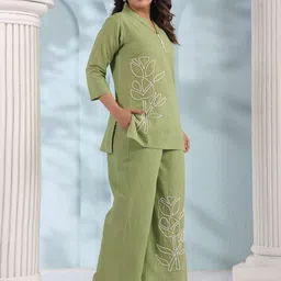 JISORA Embroidered Shawl Neck Cotton Tunic With Palazzos Co-Ords image 5