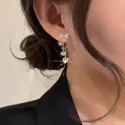 TheVineGirl Women Gold Alloy Korean Studded Bow Shiny Tassels Drop Earrings-picture-11