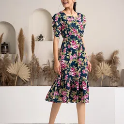 AASK Floral Printed Puff Sleeve Fit & Flare Dress image 4