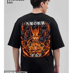 MEGAKART Men Printed Pure Cotton Leaf's Beast Naruto Oversized Flame Tee image 4
