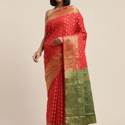 Mitera Red & Golden Silk Blend Woven Design Banarasi Saree-image-5