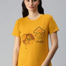 BRATMA Women Mustard Yellow & Brown Typography Printed T-shirt-image-14